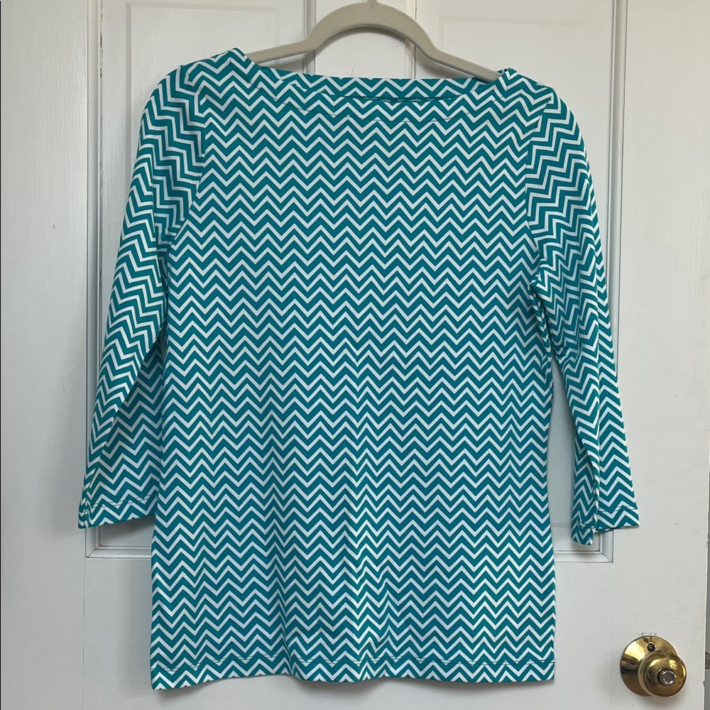 Kim Rogers Teal Blue Chevron 3/4 Long Sleeve Top